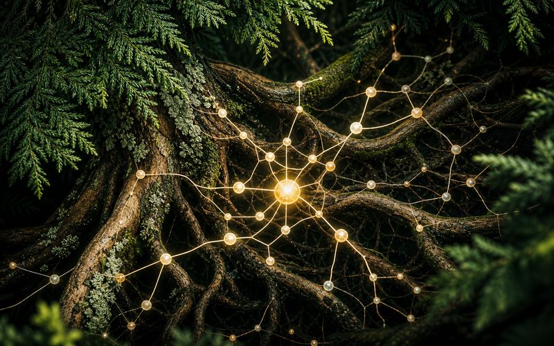 Reasoning protocol graph woven through douglas fir roots